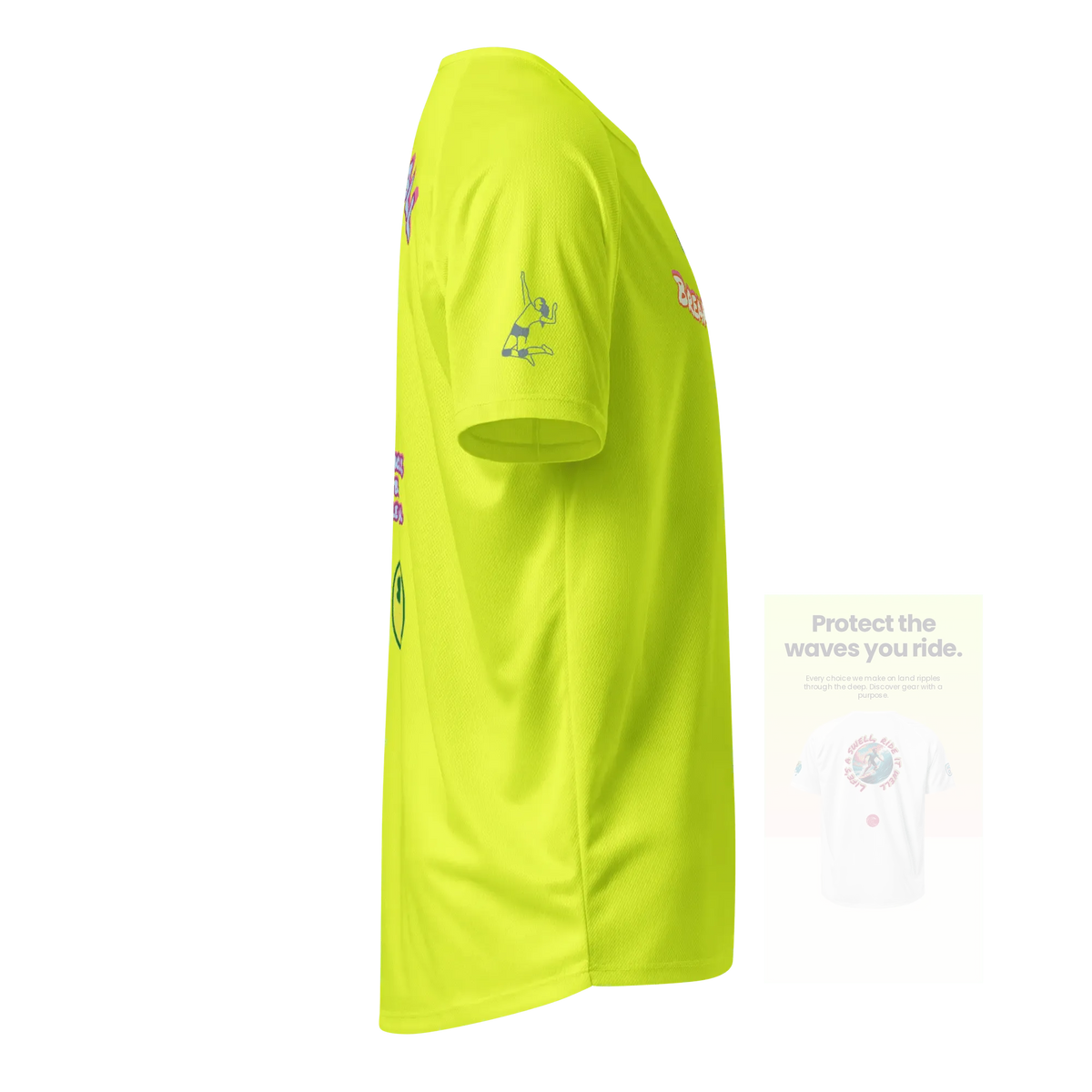 Neon yellow unisex sports jersey, side view with small athlete silhouette on sleeve