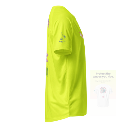 Neon yellow unisex sports jersey, side view with small athlete silhouette on sleeve