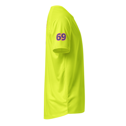 Neon yellow sports jersey sleeve with number 69 logo, short sleeve