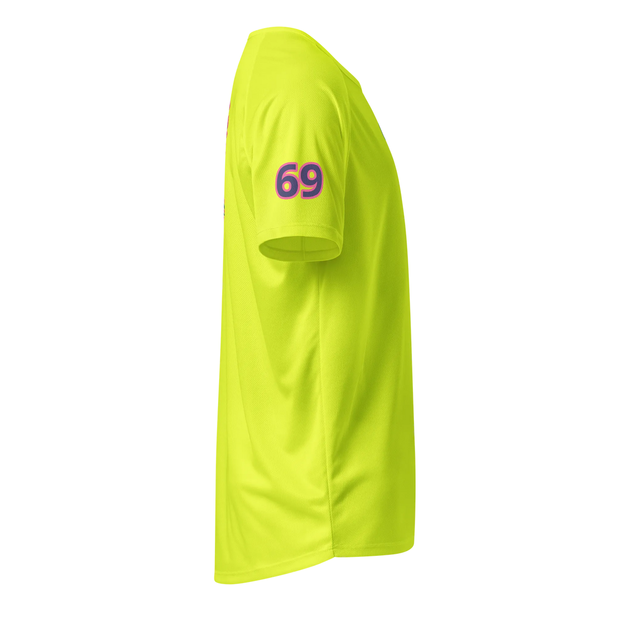 Neon yellow sports jersey sleeve with number 69 logo, short sleeve