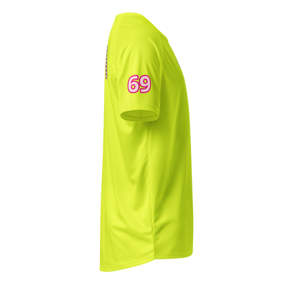 Neon-Gelb Sporttrikot mit pinkem „69“ auf der Brust, kurze Ärmel