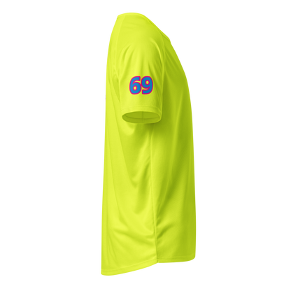 Neon yellow sports jersey side view with blue-red "69" number on sleeve