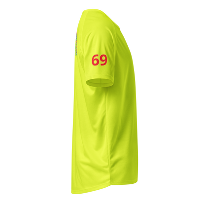 Neon yellow unisex sports jersey side, red 69 number on sleeve
