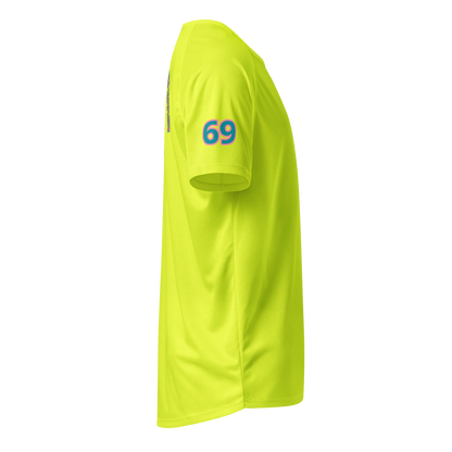 Neon yellow sports jersey side view with 69 logo on sleeve