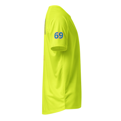 Neon yellow sports jersey with “69” graphic on front sleeve, unisex fit