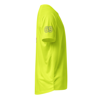 Neon yellow unisex sports jersey sleeve side with “69” print
