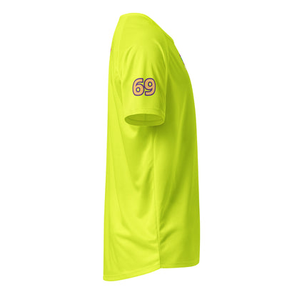 Neon yellow sports jersey T-shirt with '69' chest print