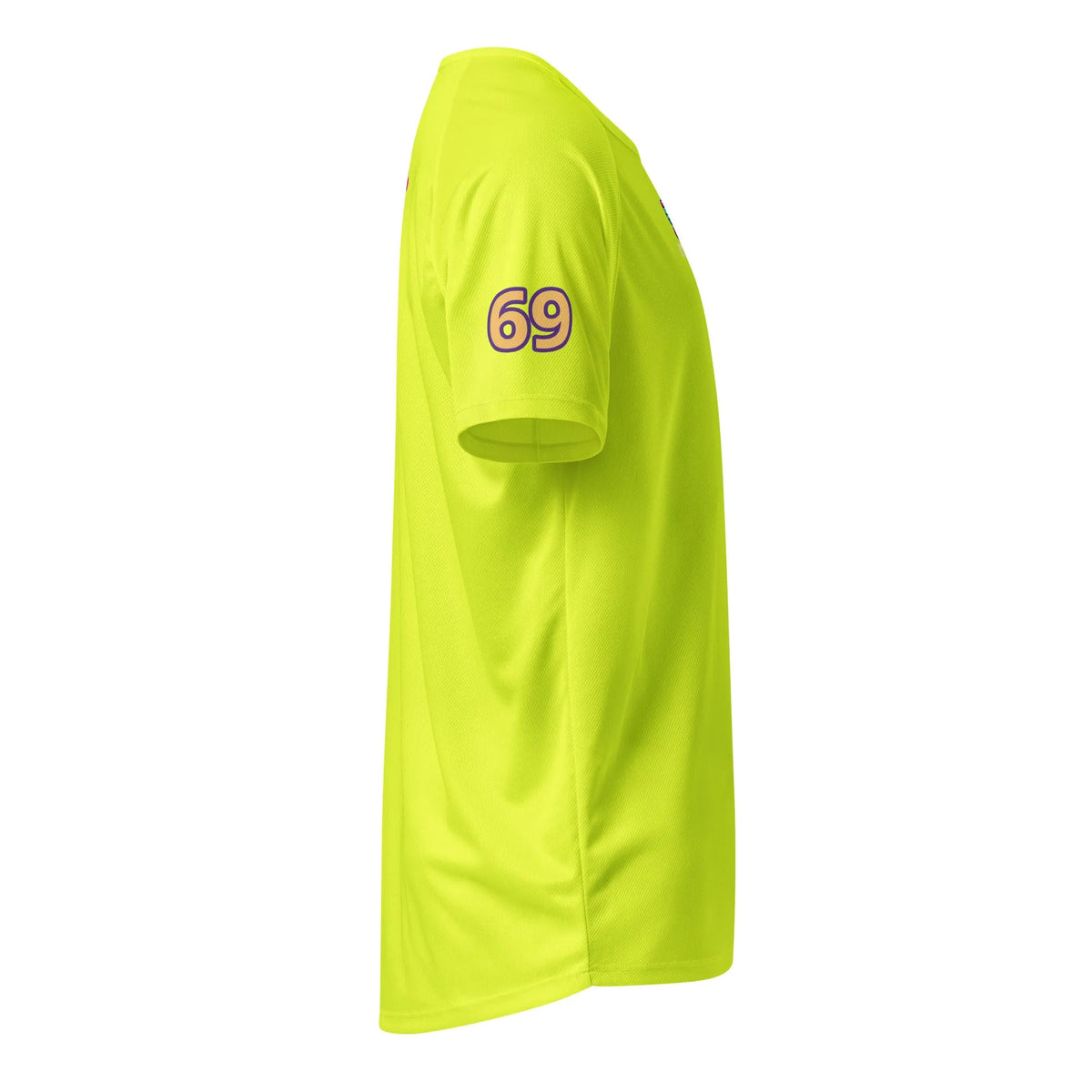 Neon yellow sports jersey T-shirt with '69' chest print