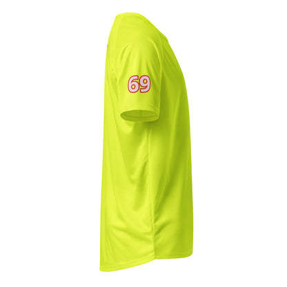 Unisex sports jersey, neon yellow-green, side view with number 69
