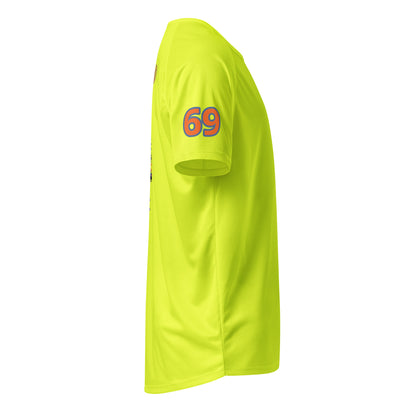 AW Hllywood sports jersey in Neon Yellow, side view with “69” print