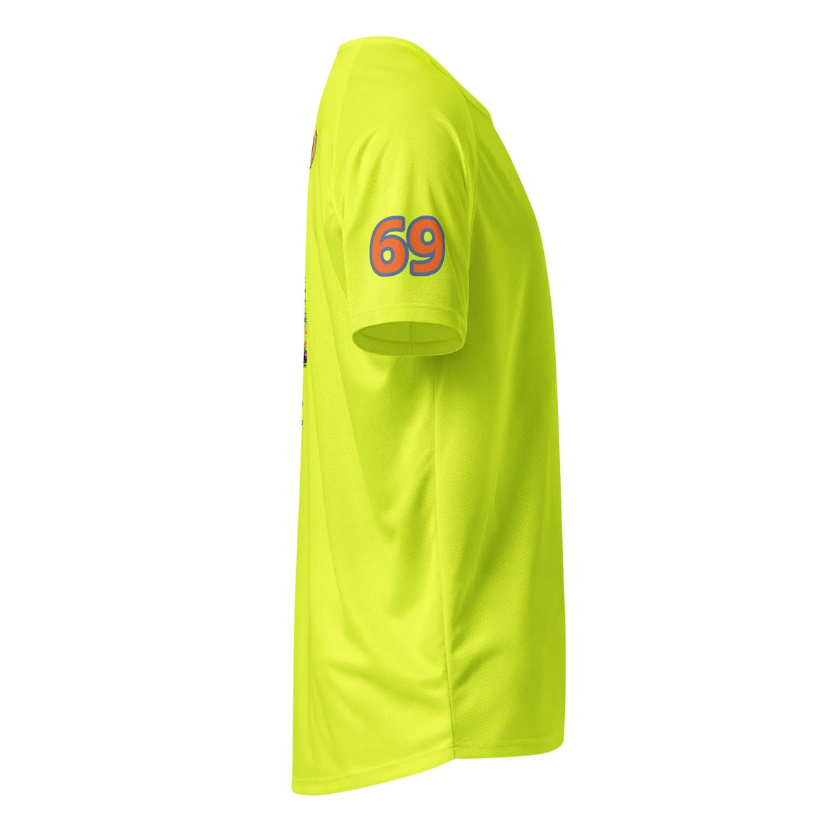 AW Hllywood sports jersey in Neon Yellow, side view with “69” print