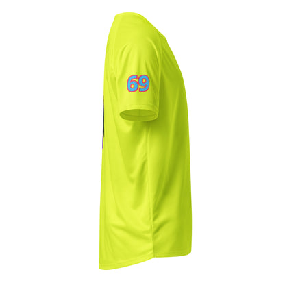 Neon yellow sports jersey side view with “69” on the sleeve