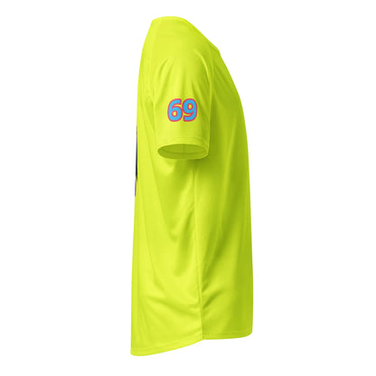 Neon yellow sports jersey side view with “69” on the sleeve
