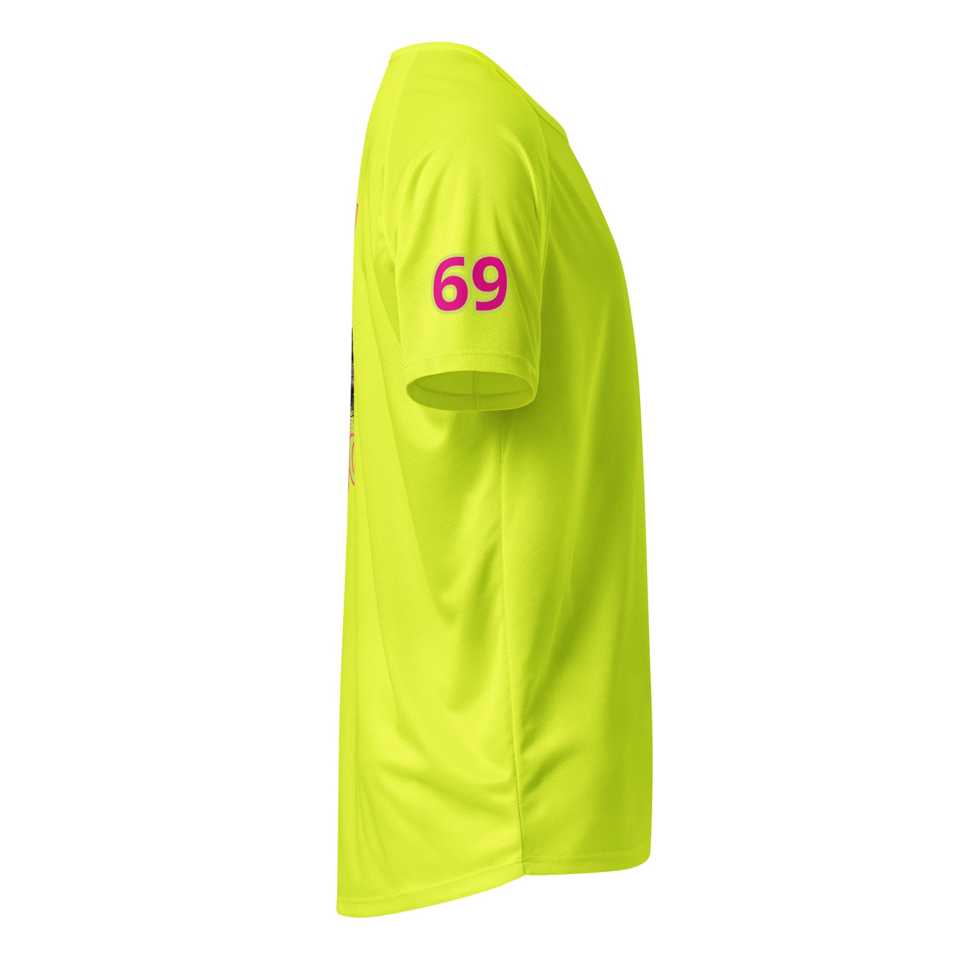 AW Monaco sports jersey in neon yellow-green, side view with “69” on sleeve.
