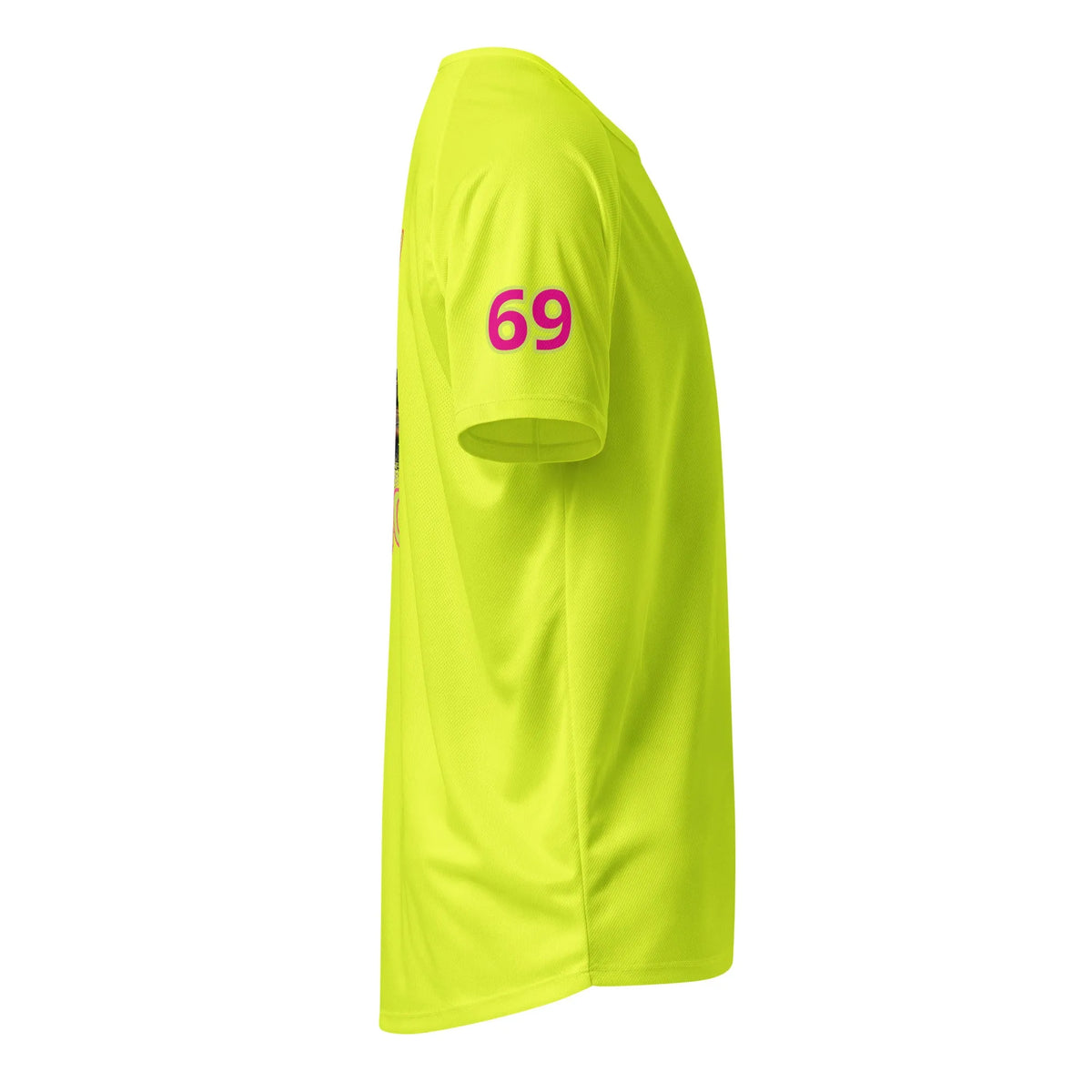 AW Monaco sports jersey in neon yellow-green, side view with “69” on sleeve.