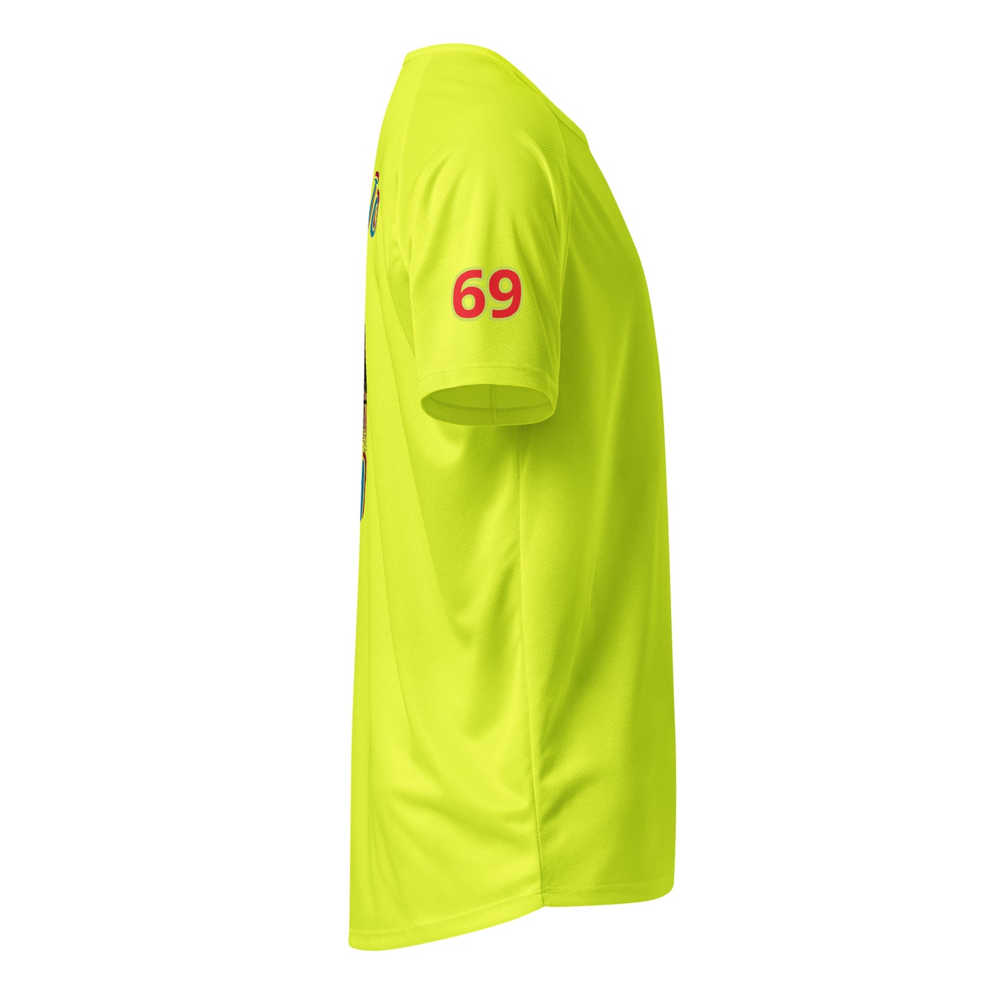 AW Sydney sports jersey in neon yellow, side view with “69” number on sleeve