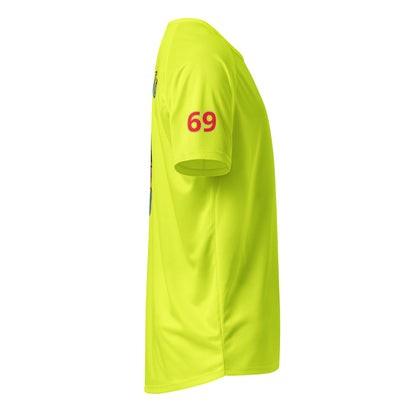 AW Sydney sports jersey in neon yellow, side view with “69” number on sleeve