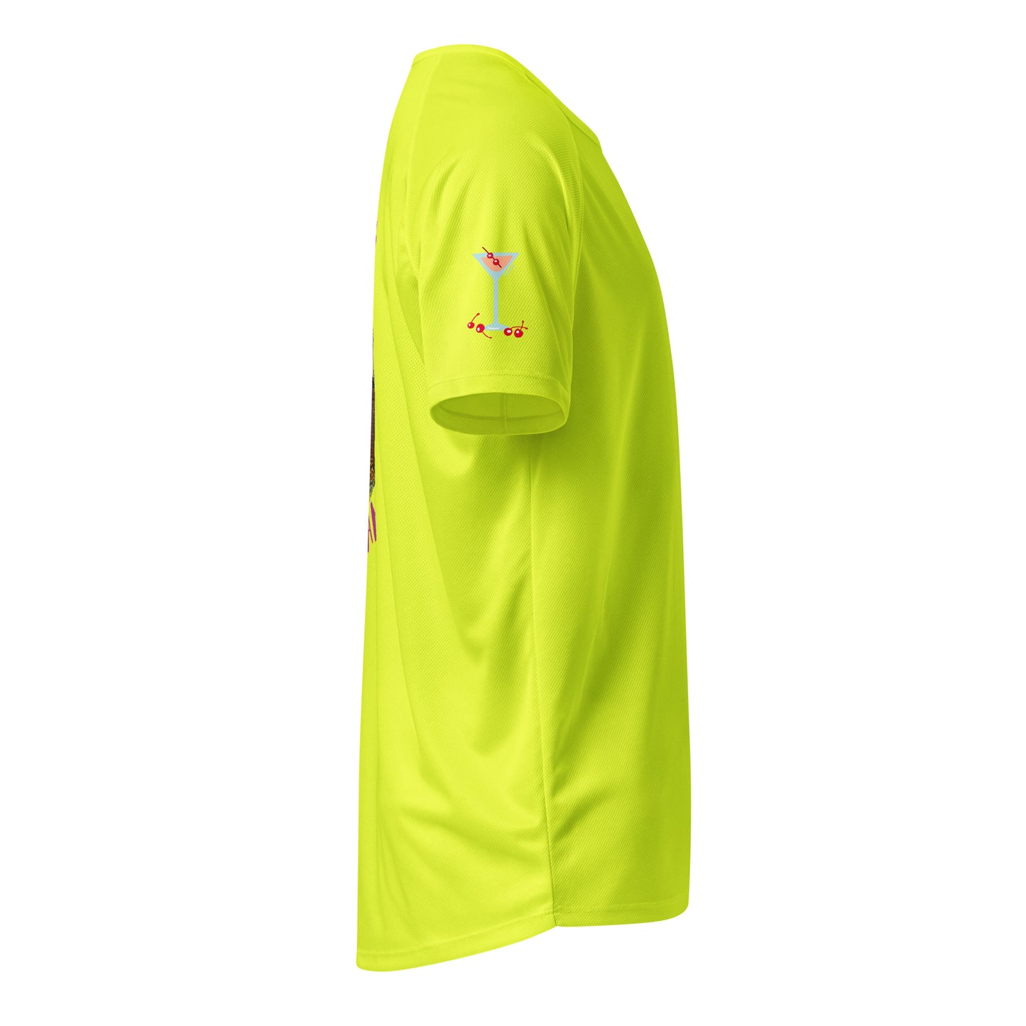 Neon yellow sports jersey, side view with small martini logo on sleeve