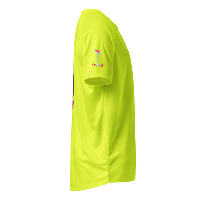Neon yellow sports jersey, side view with small martini logo on sleeve