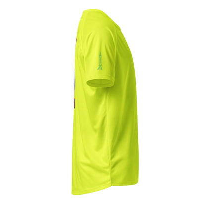 AW Shang sports jersey in neon yellow, short-sleeve side with small skyline icon