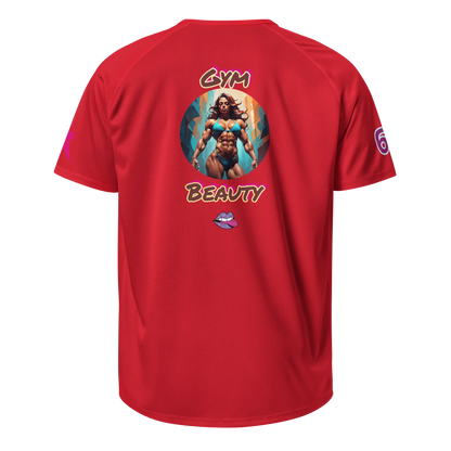 Red unisex sports jersey, back print with 'Gym Beauty' graphic and lip icon