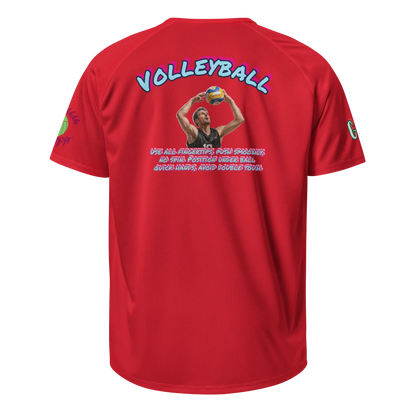 Red unisex sports jersey back print with colorful VolleyBall text and volleyball