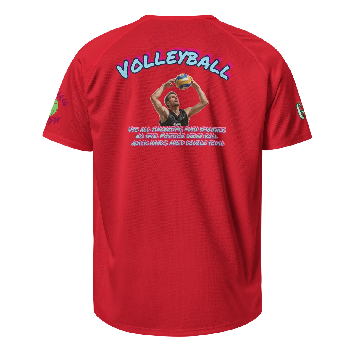 Red unisex sports jersey back print with colorful VolleyBall text and volleyball