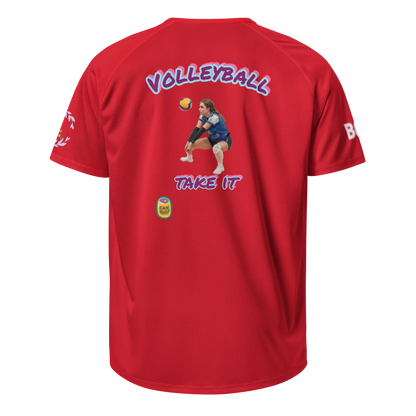Red unisex sports jersey, back graphic with VOLLEYBALL and TAKE IT text