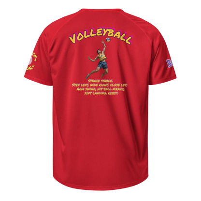 Unisex sports jersey, red, back graphic with dancer and orange slogan text