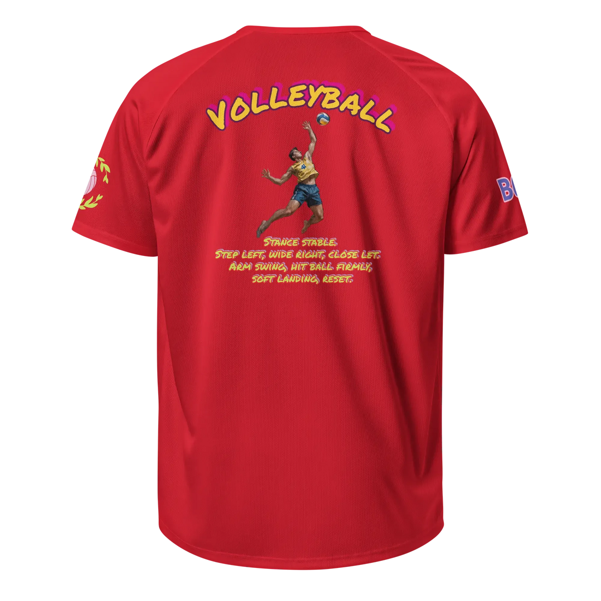 Unisex sports jersey, red, back graphic with dancer and orange slogan text