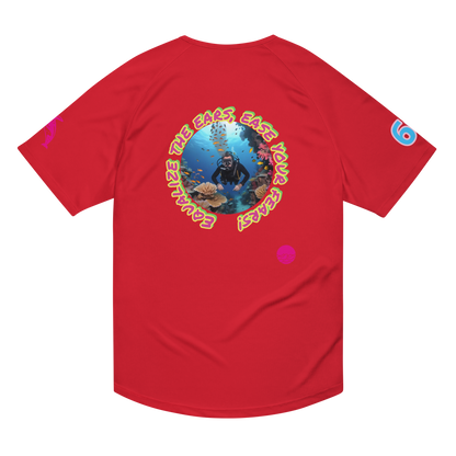 Unisex sports jersey, red, circular diver graphic on back with small chest logo