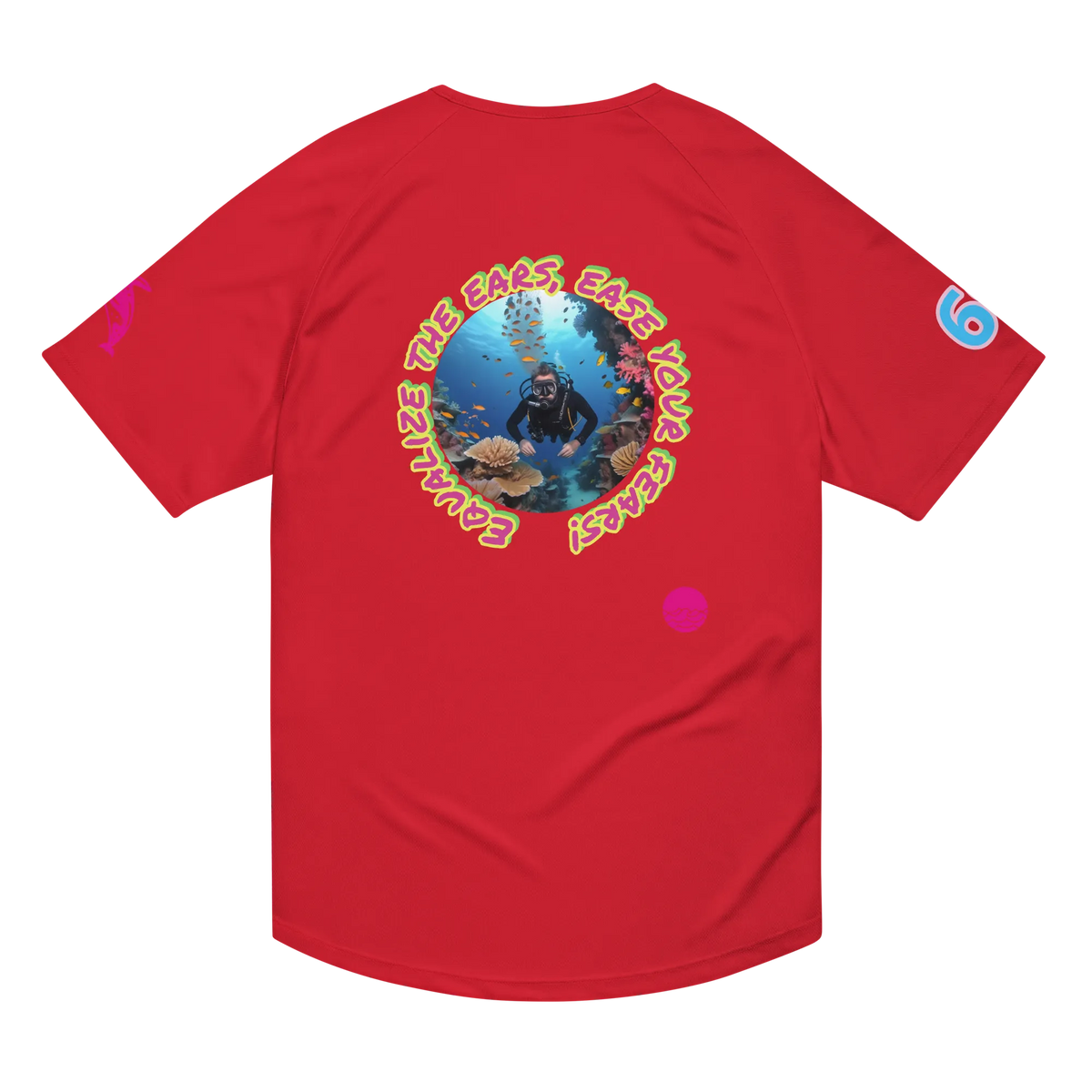 Unisex sports jersey, red, circular diver graphic on back with small chest logo