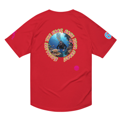 Unisex sports jersey, red, circular diver graphic on back with small chest logo