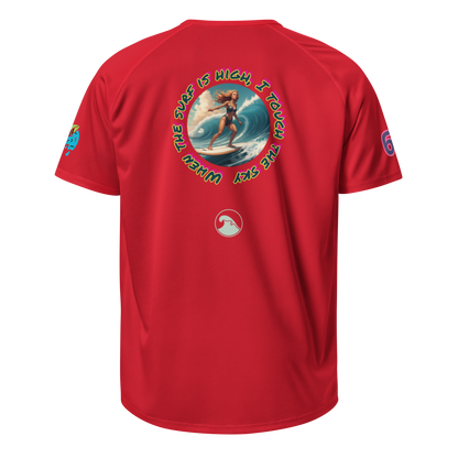 Surflegend sports jersey, red with “The Super High …” surf graphic on back