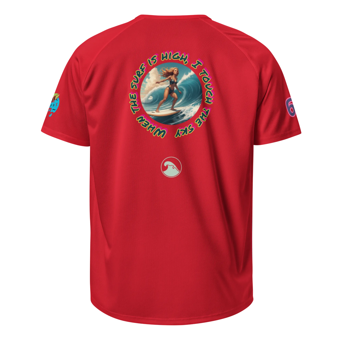 Surflegend sports jersey, red with “The Super High …” surf graphic on back