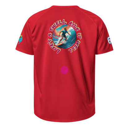Red sports jersey back view with large circular surf graphic and pink emblem