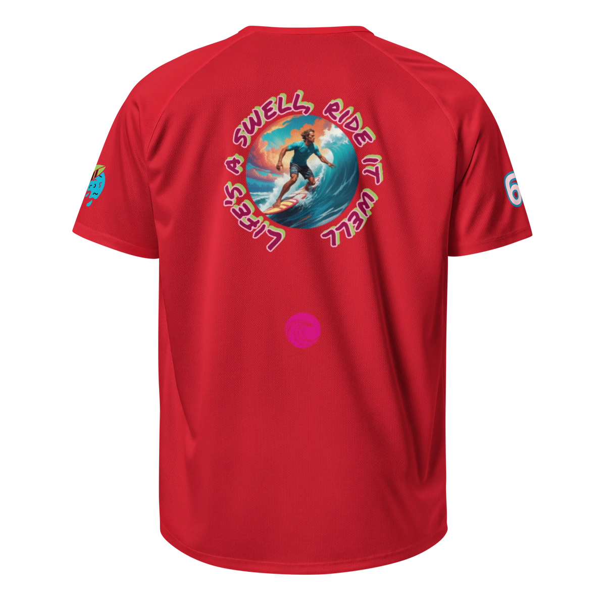 Red sports jersey back view with large circular surf graphic and pink emblem