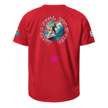 Red sports jersey back view with large circular surf graphic and pink emblem
