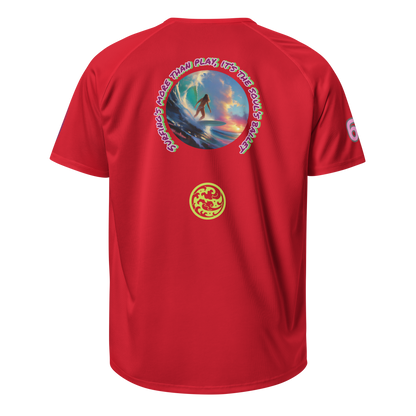 Red sports jersey, back print with surf graphic and circular logo