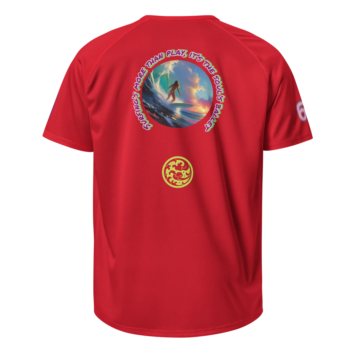 Red sports jersey, back print with surf graphic and circular logo