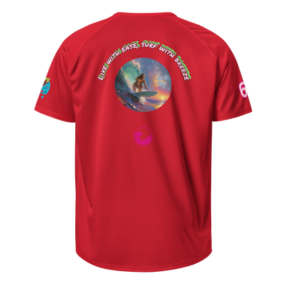 Red sports jersey, back view with circular surf graphic and small logo at chest