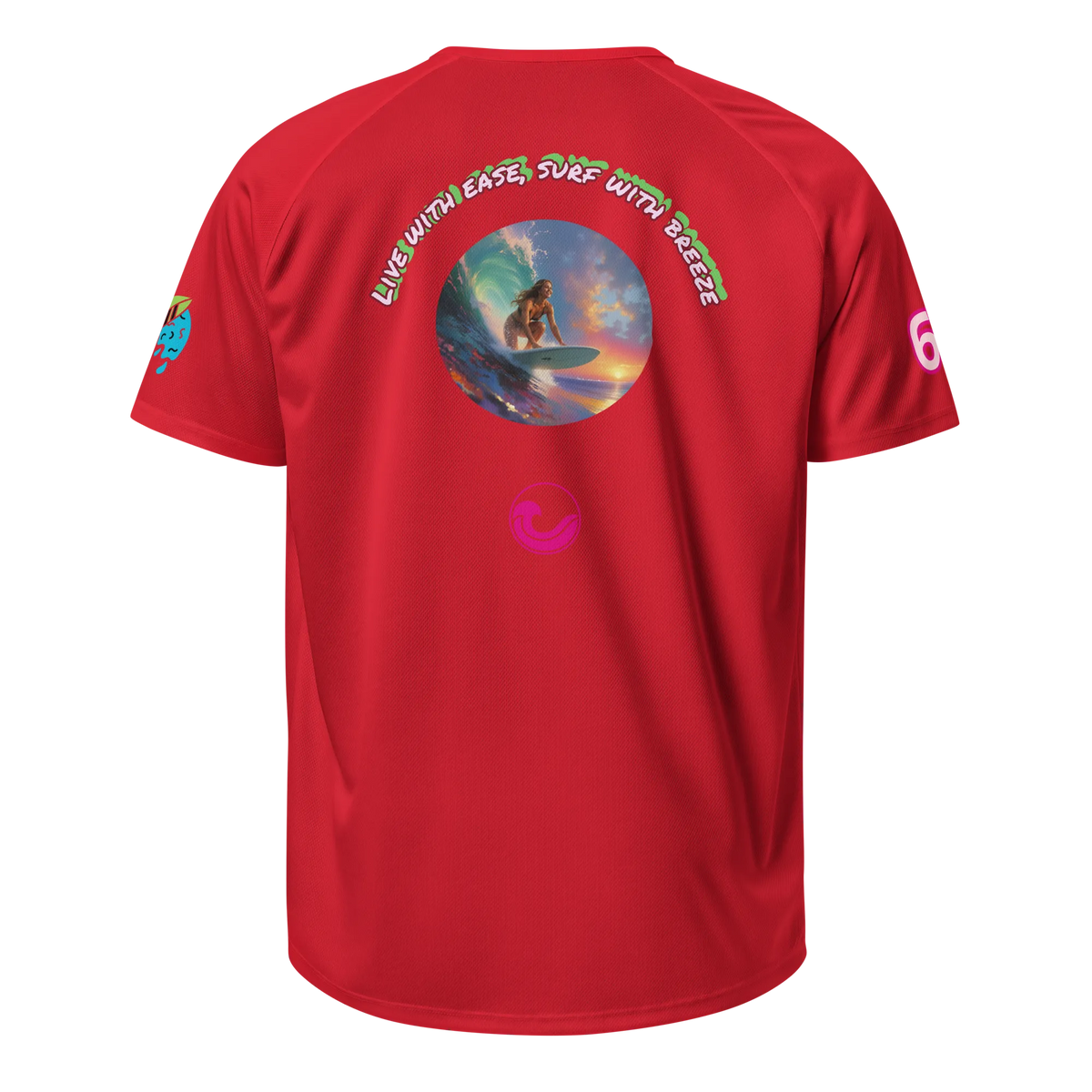 Red sports jersey, back view with circular surf graphic and small logo at chest