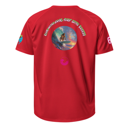Red sports jersey, back view with circular surf graphic and small logo at chest