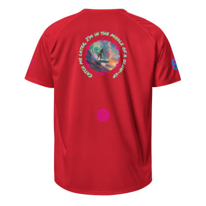 Red sports jersey, back graphic with circular surfer text and small swirl logo