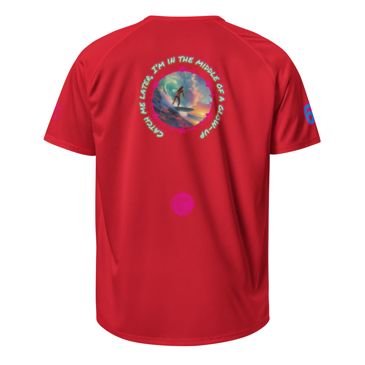 Red sports jersey, back graphic with circular surfer text and small swirl logo