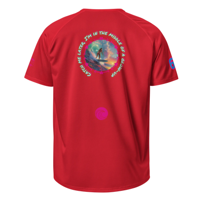 Red sports jersey, back graphic with circular surfer text and small swirl logo
