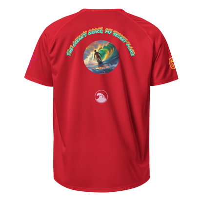 Red unisex sports jersey: back circle artwork, arched text, small surf logo