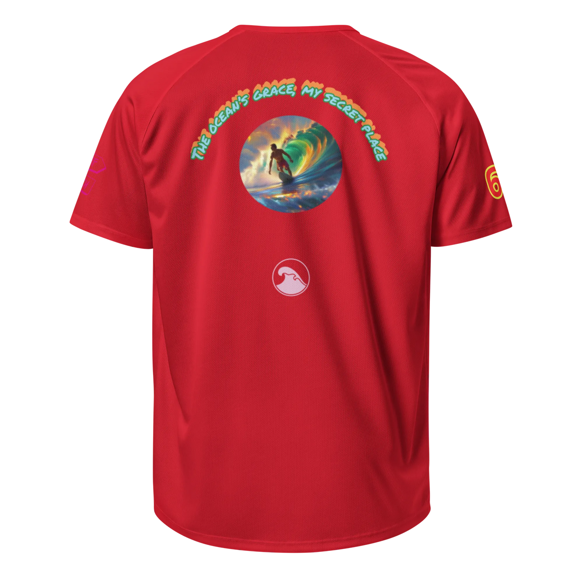 Red unisex sports jersey: back circle artwork, arched text, small surf logo