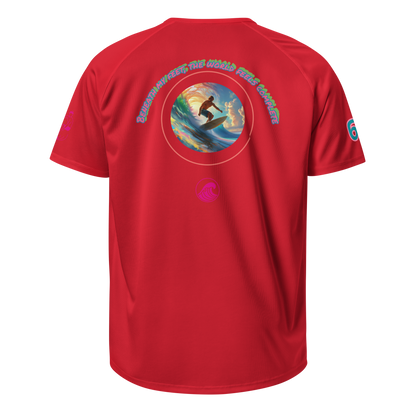 Red sports jersey back with circular wave graphic and SurfLegend logo