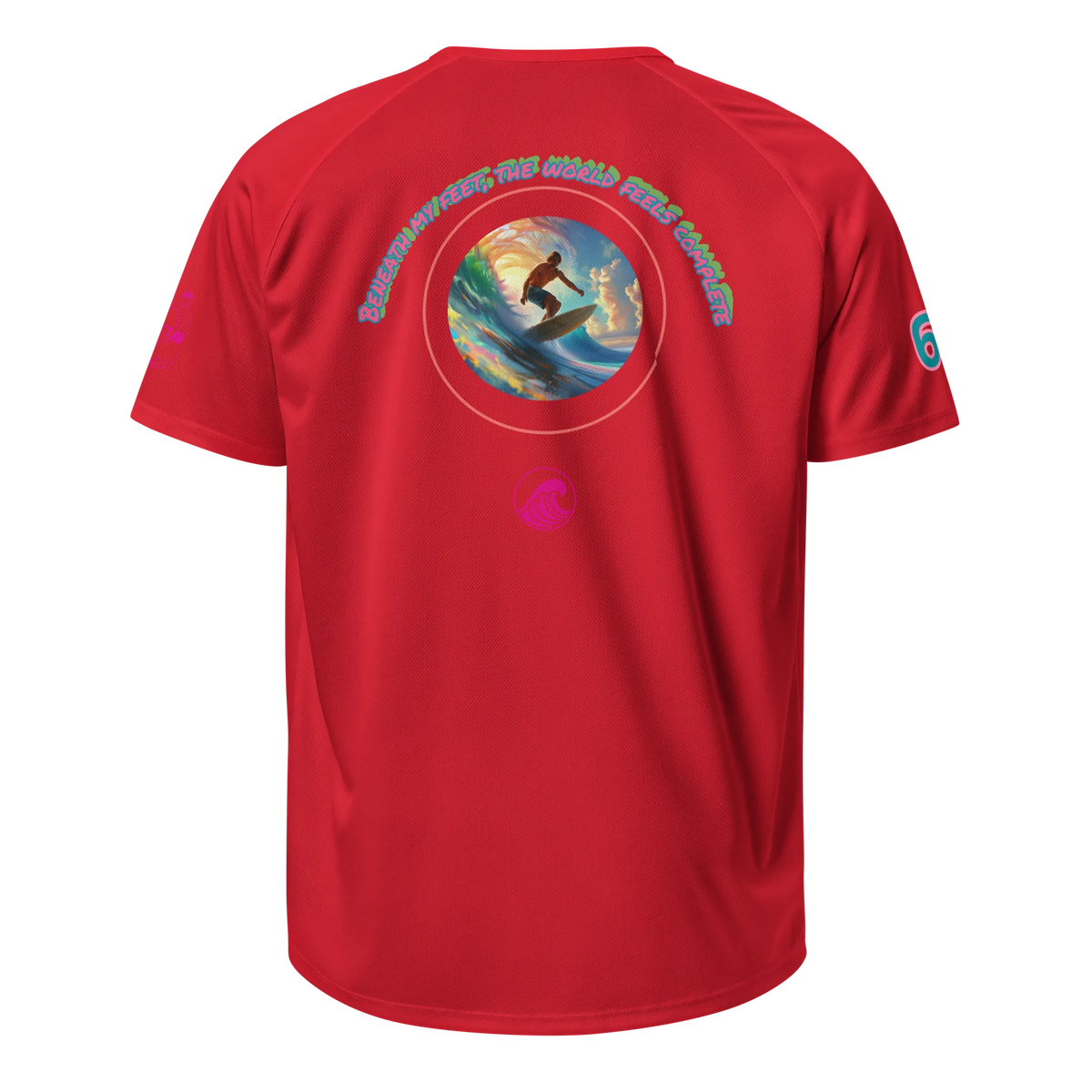 Red sports jersey back with circular wave graphic and SurfLegend logo